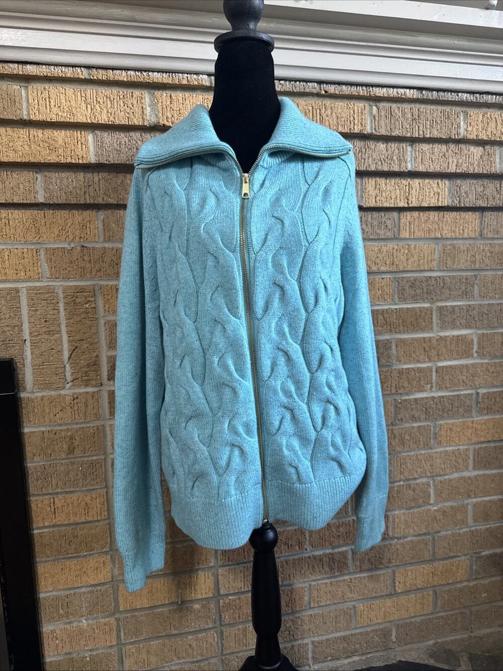 Talbots Large Texture Stitch Bomber Cardigan Zip Sweater Teal Knit Quit Lux Warm